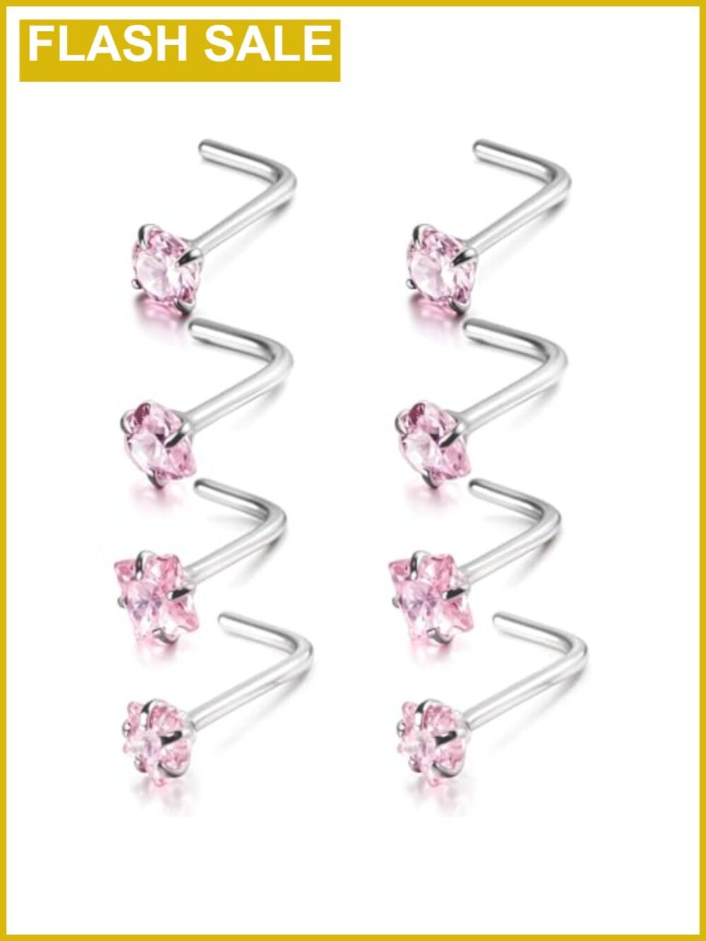 8Pc 20G Stainless Steel L Shaped Nose Studs Cubic Zirconia Piercing Set